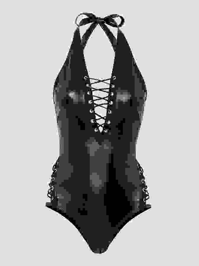 Lovehoney Fierce Leather-Look Lace-Up Body , Black, hi-res